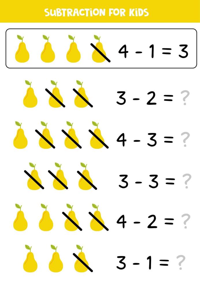 Subtraction with yellow pear. Educational math game for kids. vector