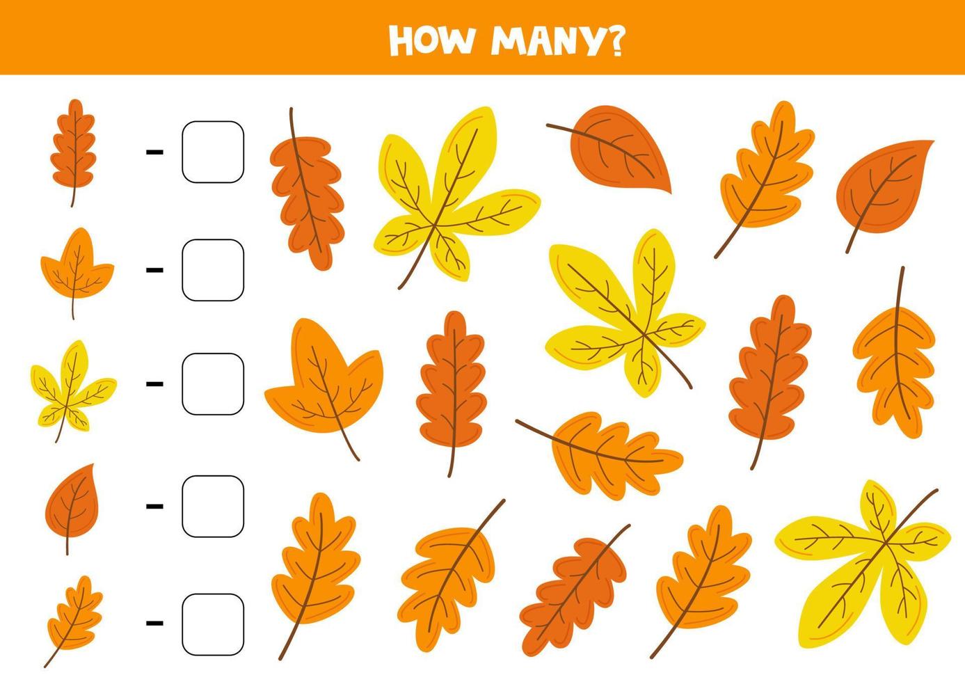 Counting game with cute autumn leaves. Math worksheet. 11670083 Vector