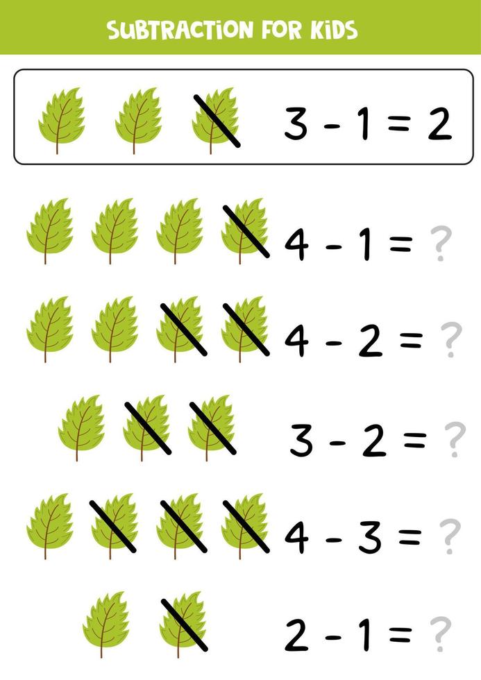 Subtraction with green leaf. Educational math game for kids. vector