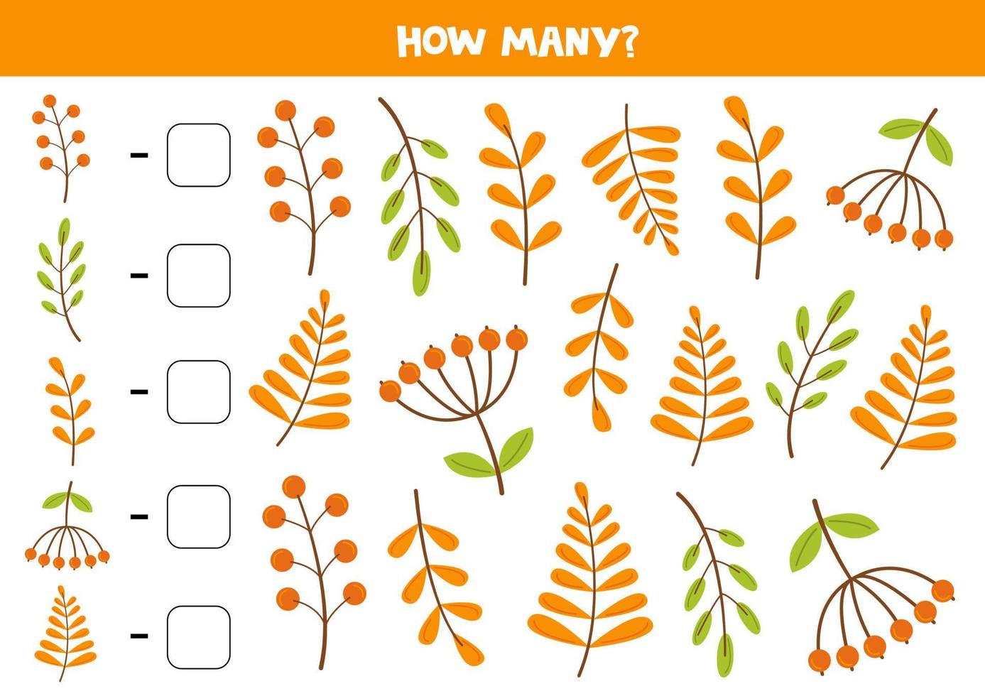 Counting game with cute autumn leaves. Math worksheet. vector