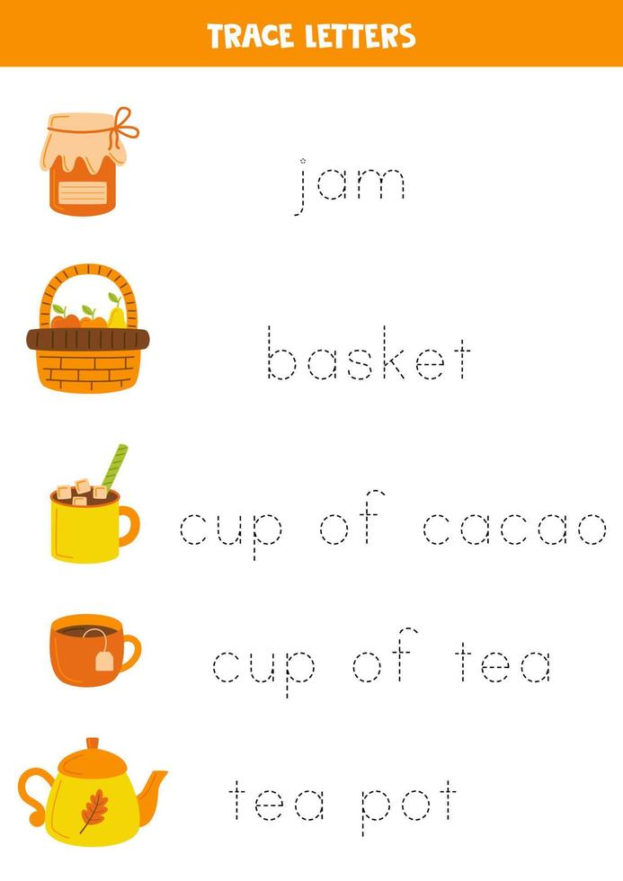 Tracing names of cute autumn elements. Writing practice. vector
