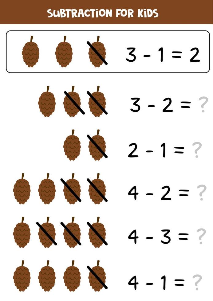 Subtraction with brown pine cone. Educational math game for kids. vector