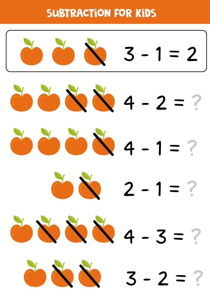 Subtraction with red apple. Educational math game for kids. vector