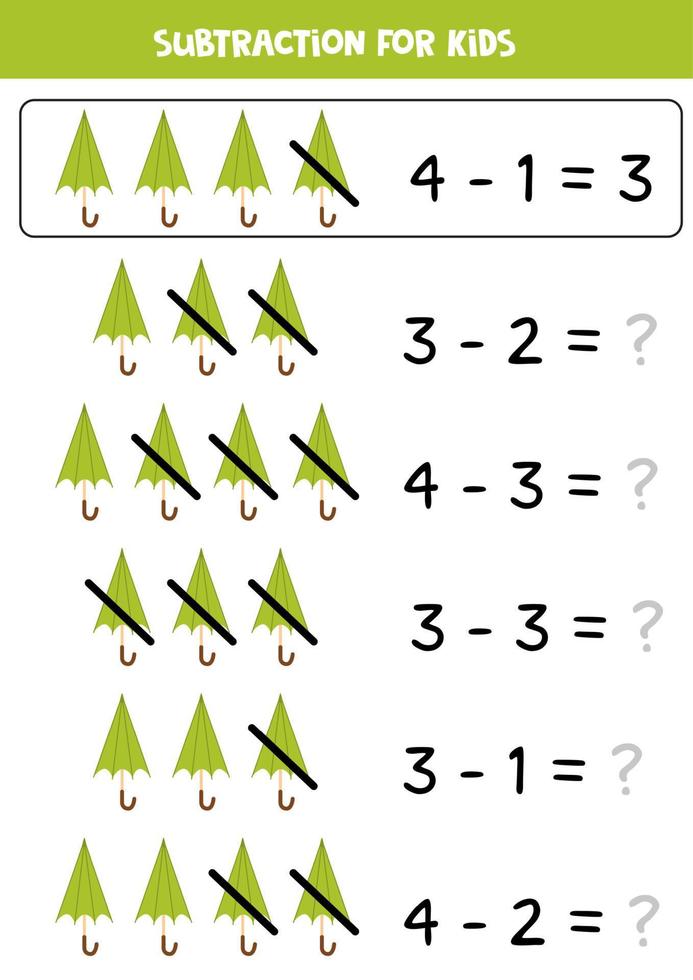 Subtraction with green umbrella. Educational math game for kids. vector