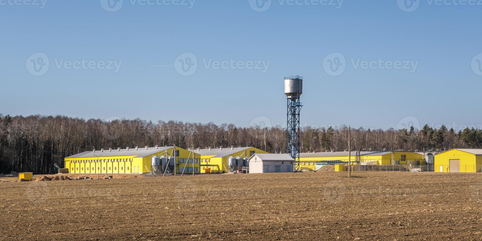panorama view on agro silos granary elevator on agro-processing manufacturing plant for processing drying cleaning and storage of agricultural products, flour, cereals and grain. photo