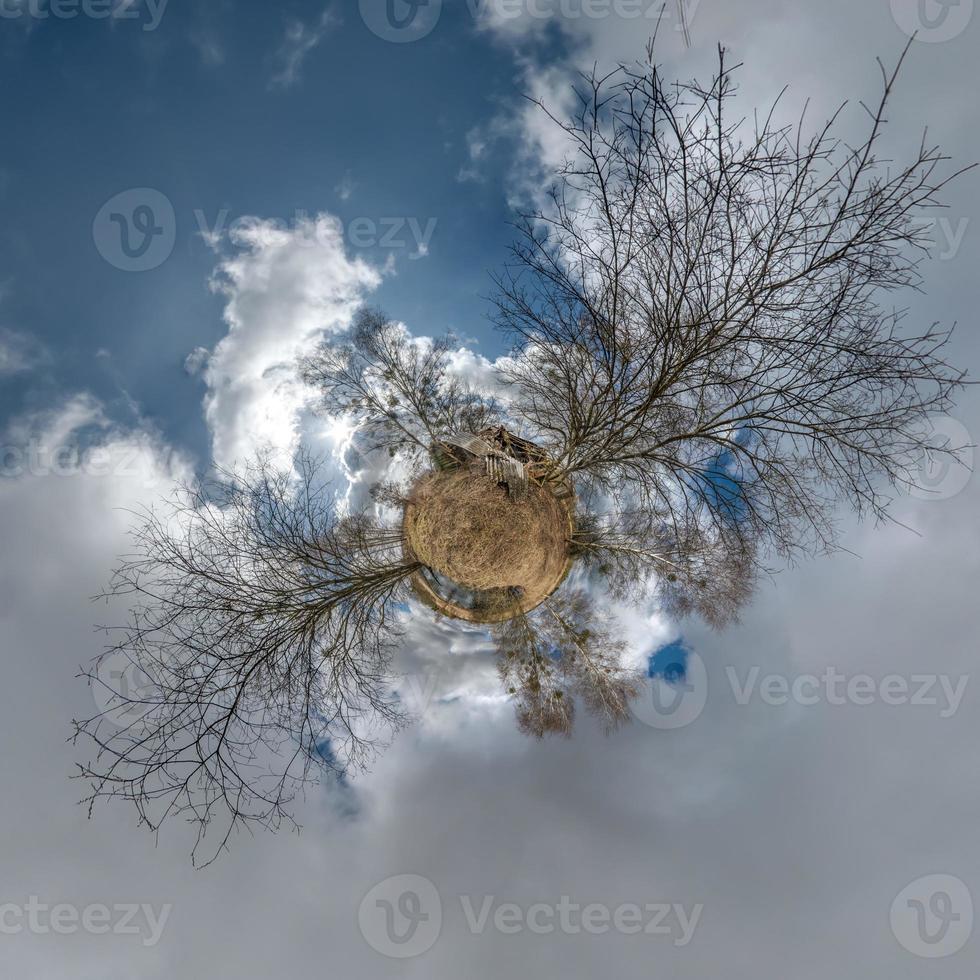 autumn tiny planet transformation of spherical panorama 360 degrees. Spherical abstract aerial view in forest with clumsy branches. Curvature of space. photo