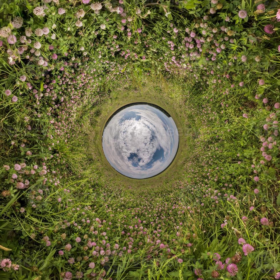 blue sphere little planet inside green grass round frame background. photo