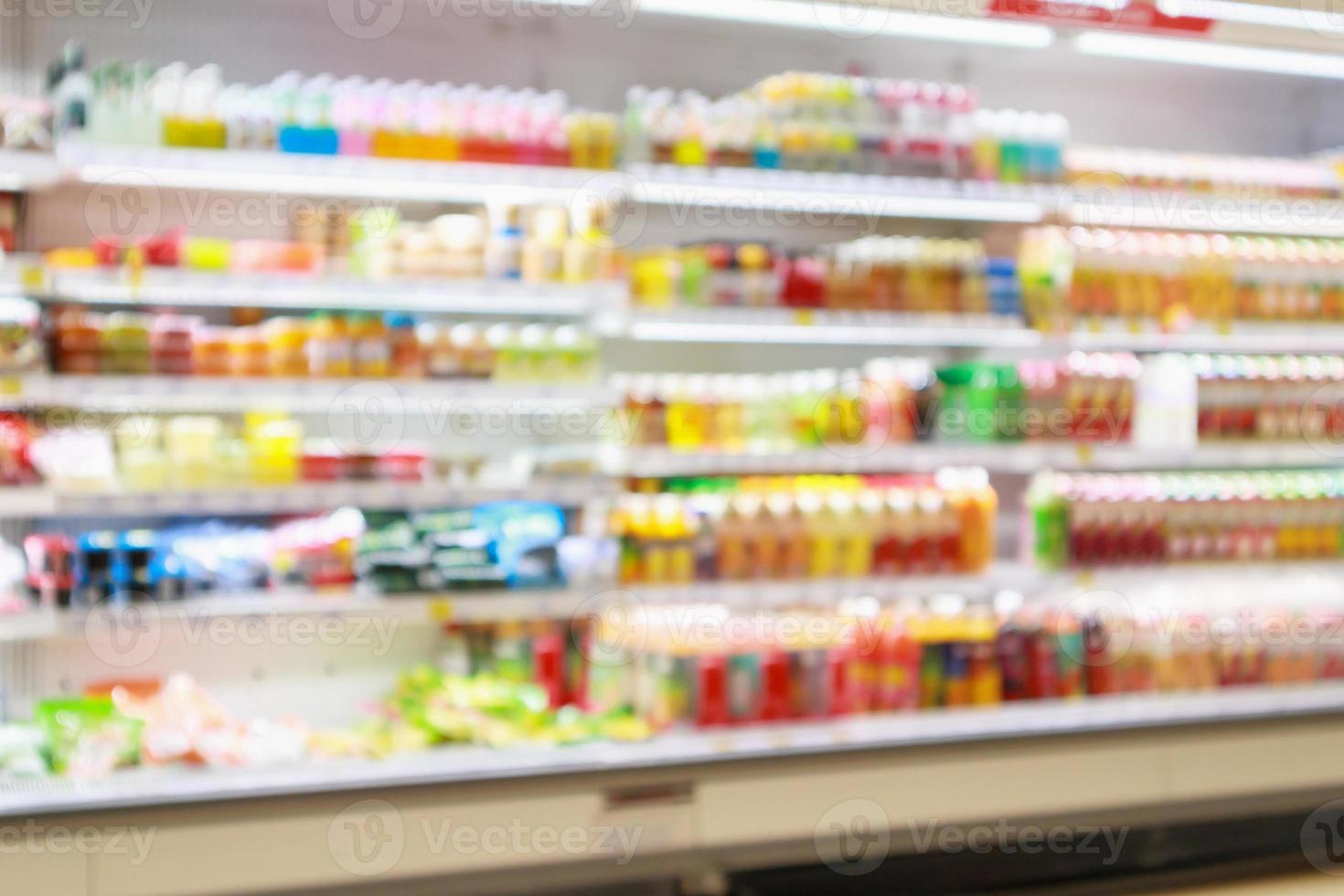 Supermarket refrigerator shelves with fruit juice soft drink product abstract blur background photo