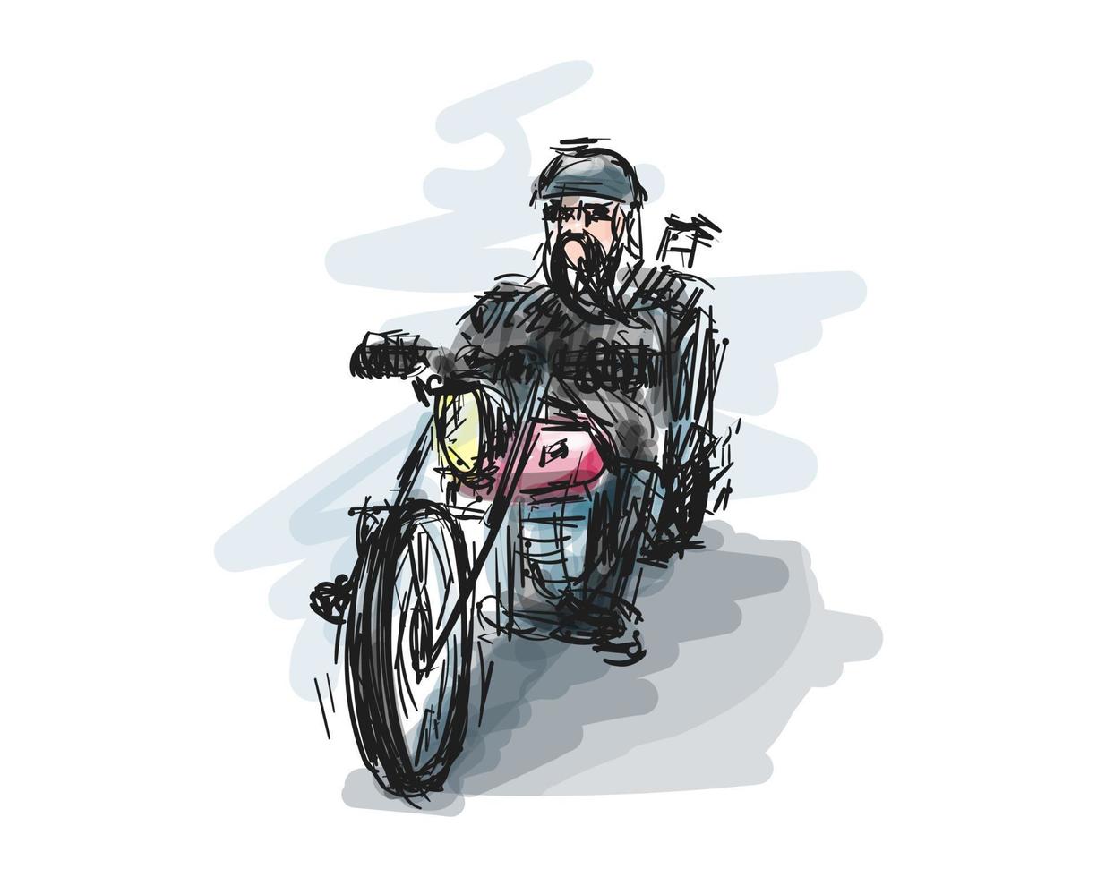 Biker motorcycle with powerful motor on speed road. Fast moto vector illustration. Hand drawn paint art for print template.