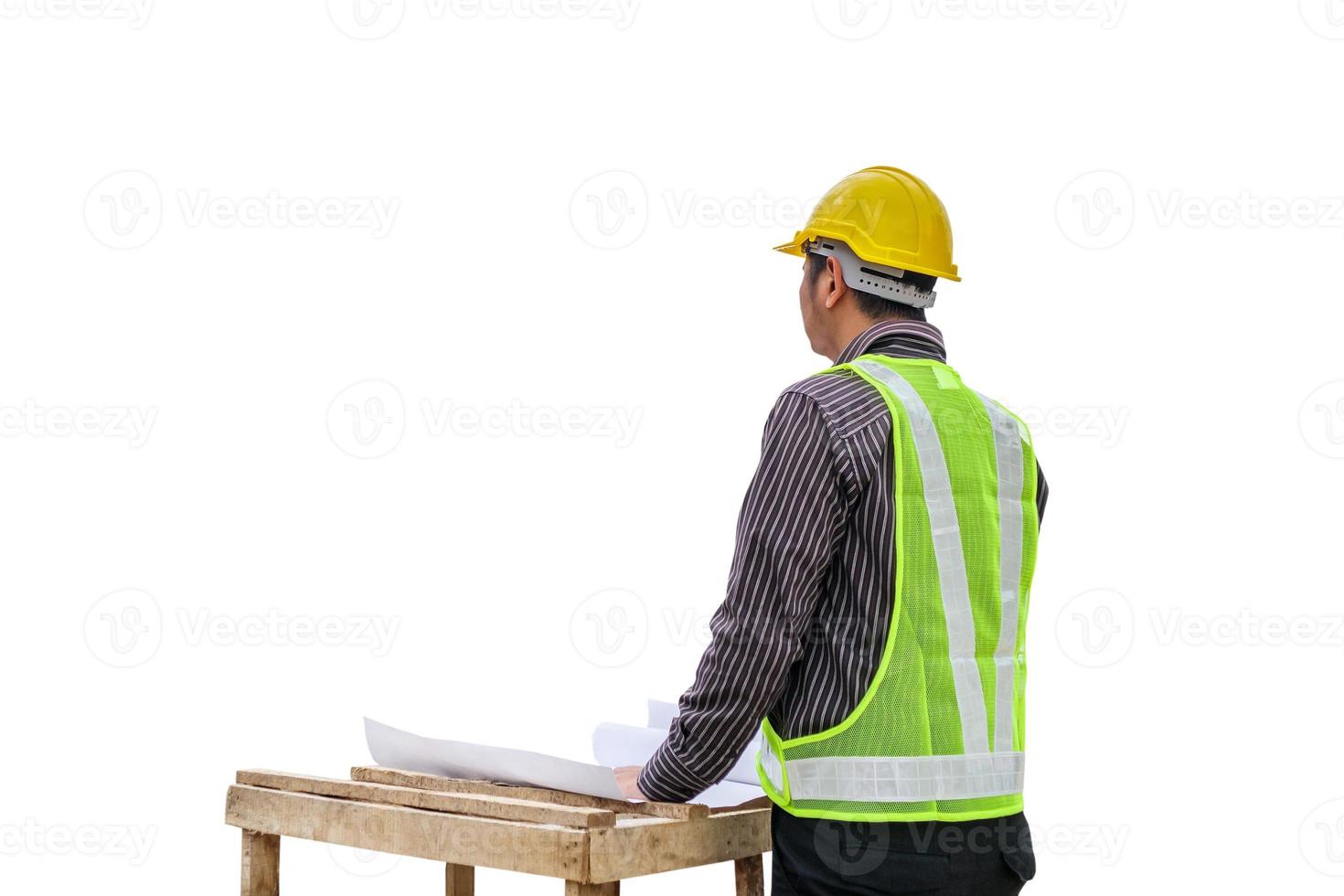 engineer worker with blueprint and safety helmet isolated on white background photo