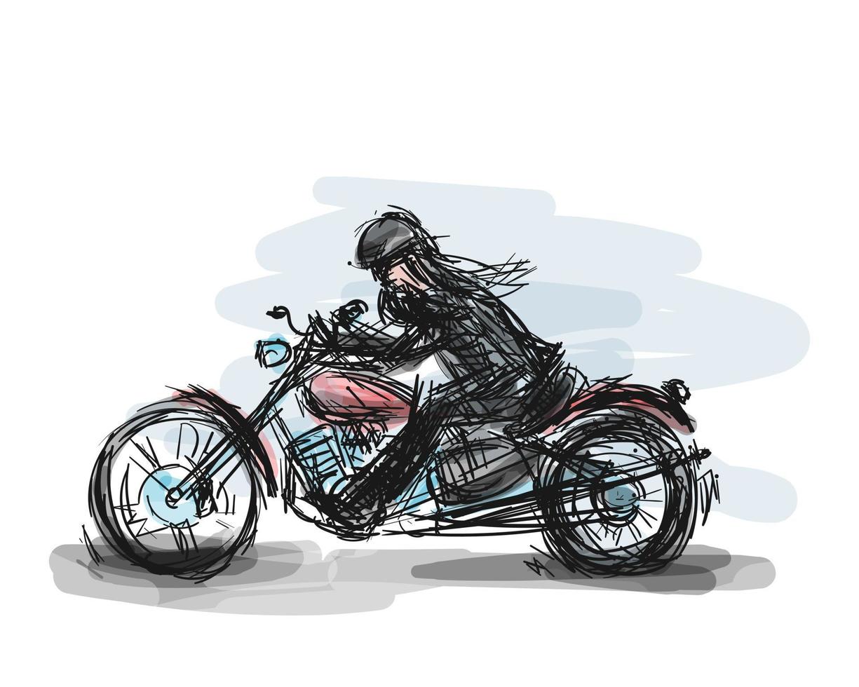 Biker motorcycle with powerful motor on speed road. Fast moto vector illustration. Hand drawn paint art for print template.
