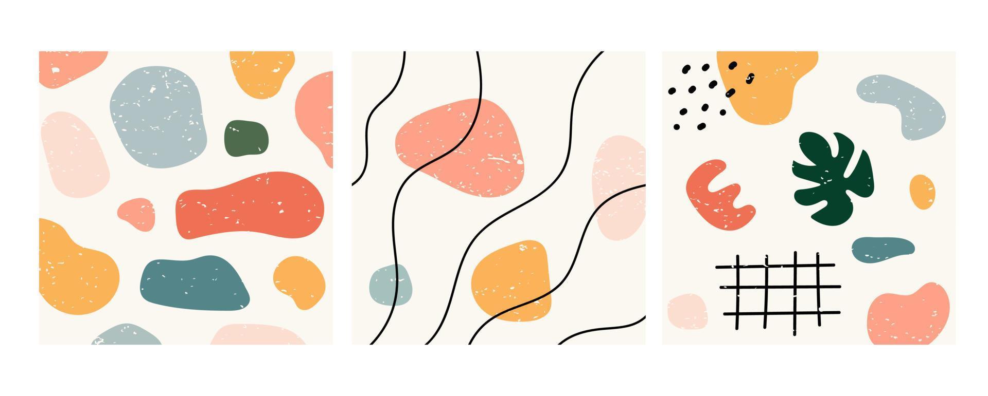 Set of three abstract patterns. Hand drawn various shapes and doodle objects. Abstract contemporary modern trendy vector illustration. Stamp texture. Vector illustration