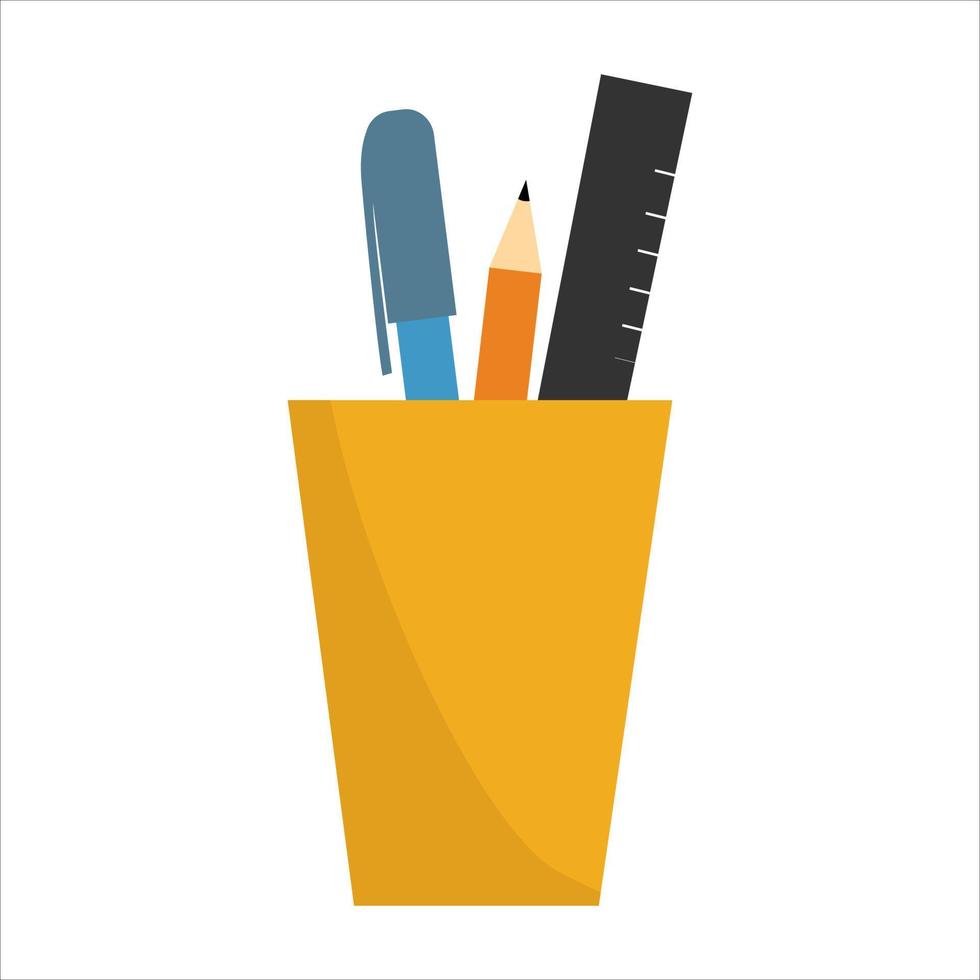 A stand with stationery items, a pen, a pencil and a ruler. vector