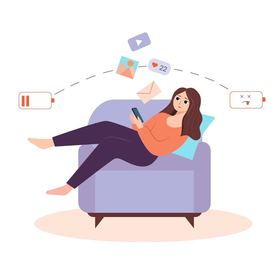 Tired girl on the couch with the phone vector