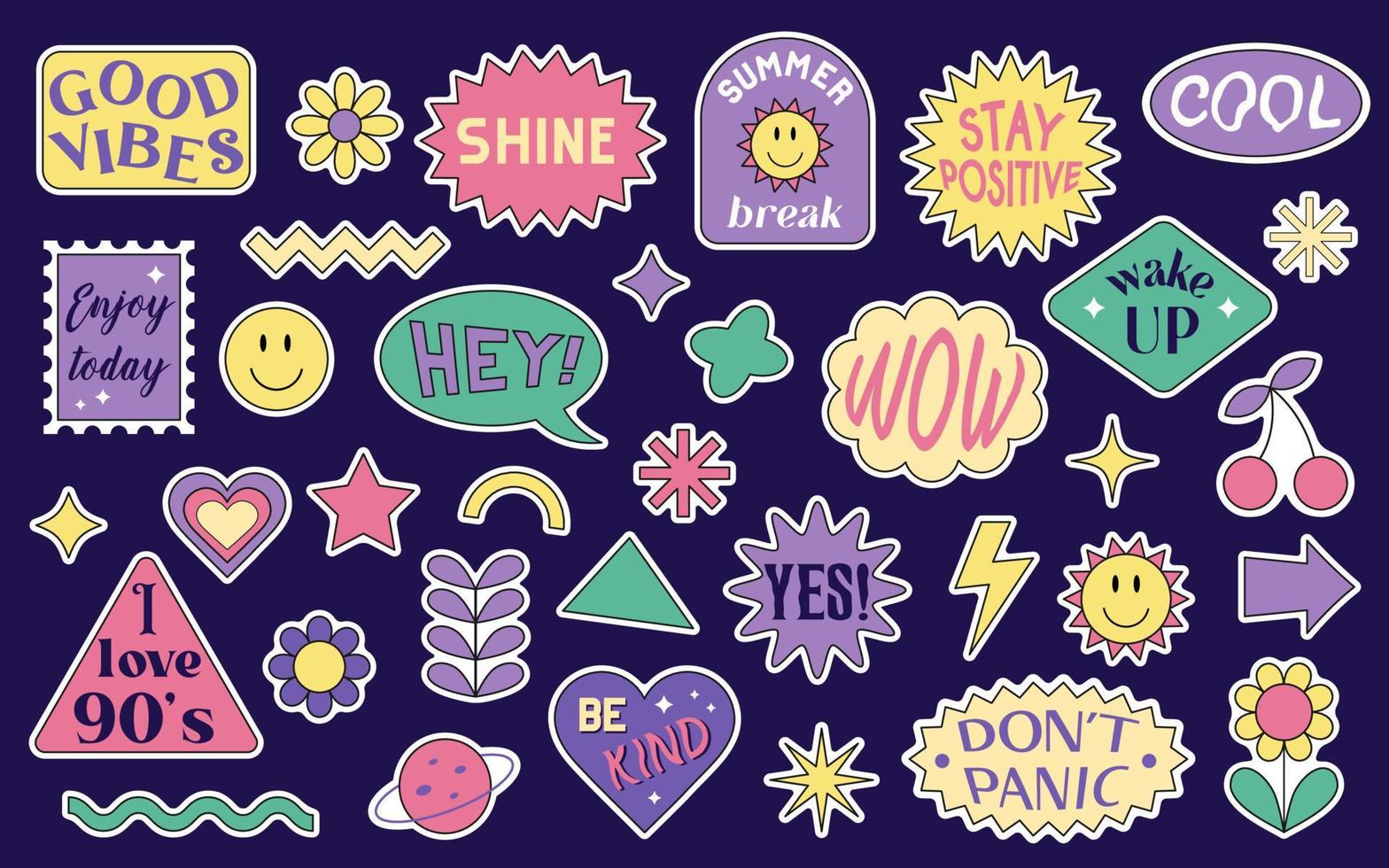 A set of stickers with abstract shapes and quotes in the style of the 1990s. Vector colorful elements isolated on a dark background. Perfect for printing