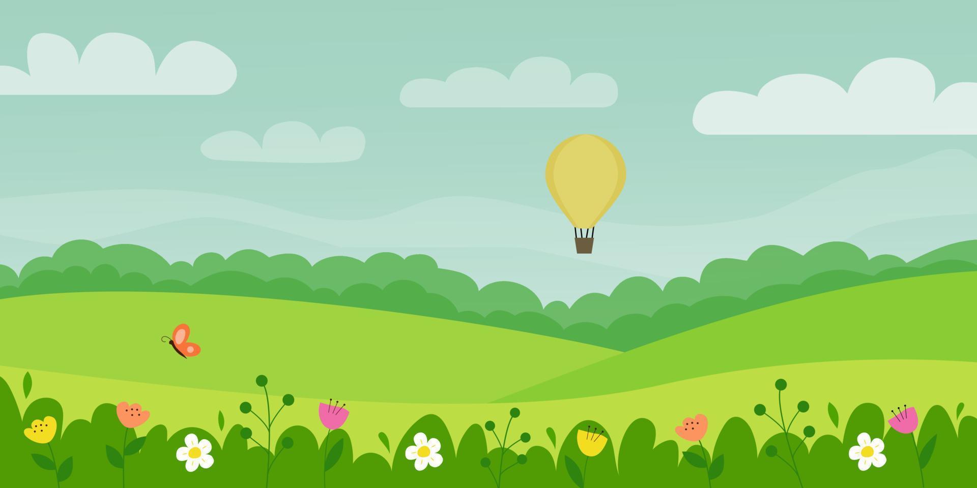 Spring landscape with balloon, flowers and a butterfly vector