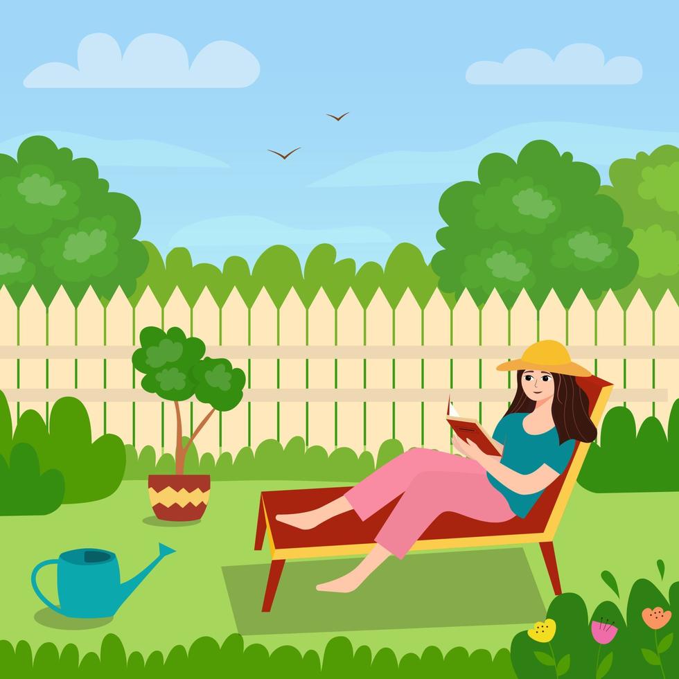 A girl on a lawn chair in the backyard reading a book. vector