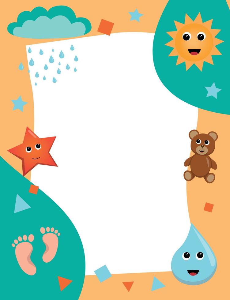 Vector frame in children's style with cute characters for greeting, for book design, for booklets, for advertising, made in bright colors