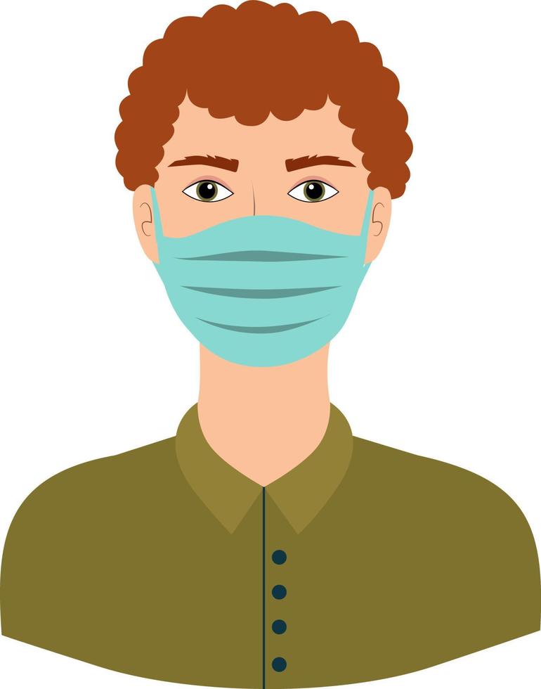 Red curly guy in medical mask on a white background. vector