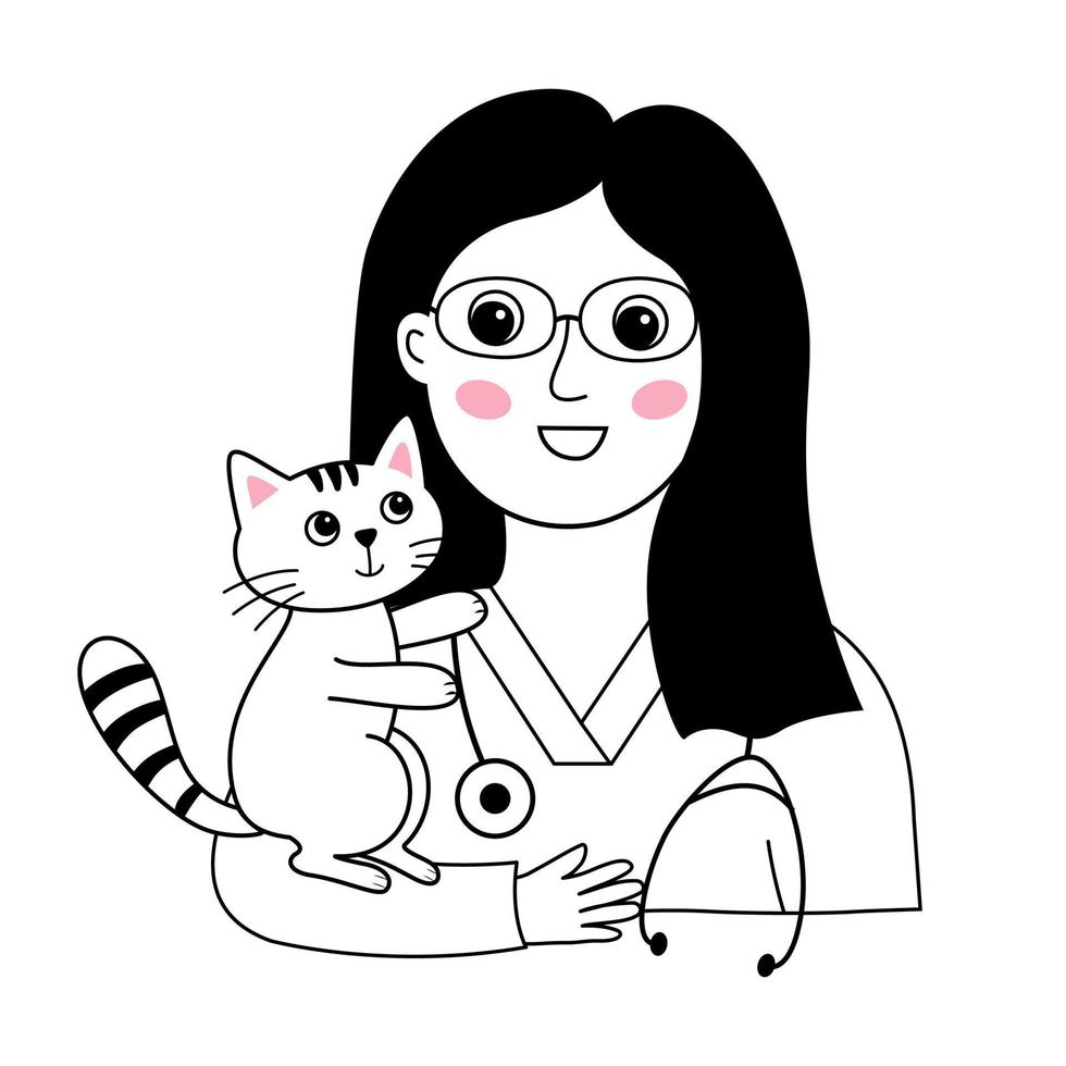 linda veterinaria con un gatito en las manos. vector