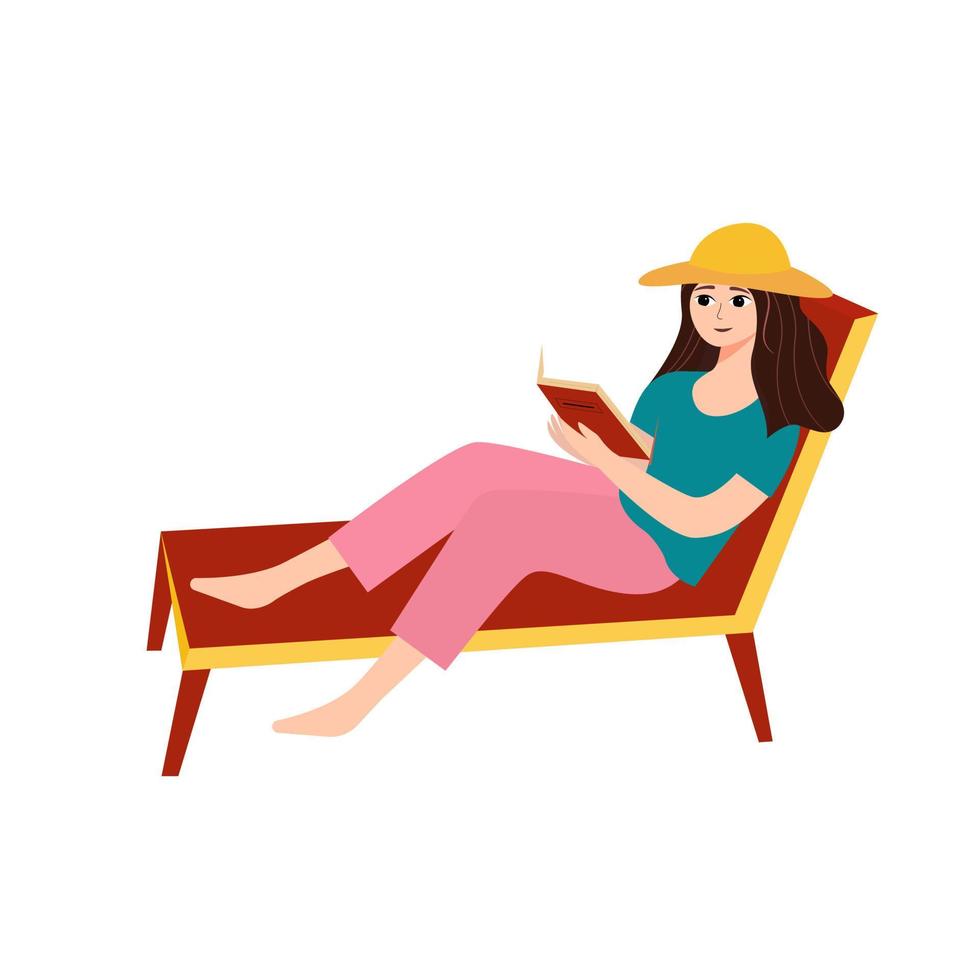 The girl is resting on a chaise longue and reading a book. vector