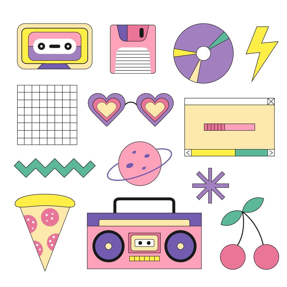 Colorful retro elements in the style of the 90s. Vector set in a flat geometric style. Music, summer and pop culture concept