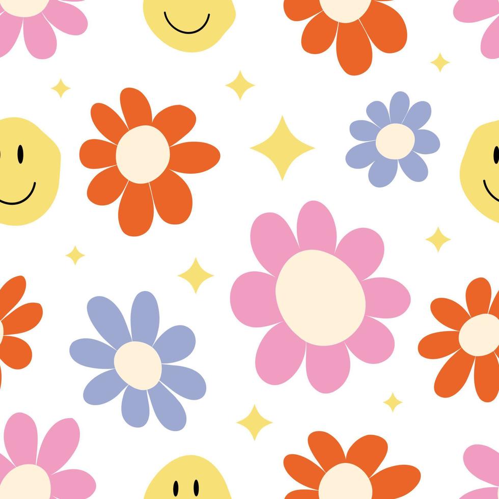 maravilloso patrón sin fisuras con flores sobre un fondo blanco. papel tapiz vectorial alegre al estilo de los años 70. flores de forma simple. impresión de tela retro, ropa para niños, textiles para el hogar vector