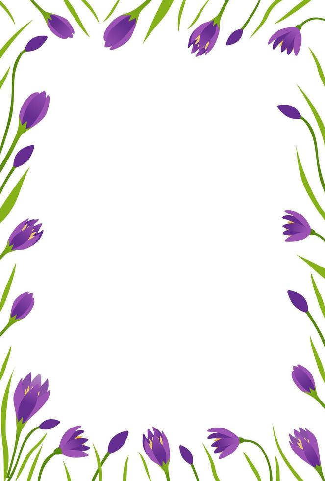 Vertical vector frame with spring crocuses. Template for an invitation, advertising layout, for a postcard or letter