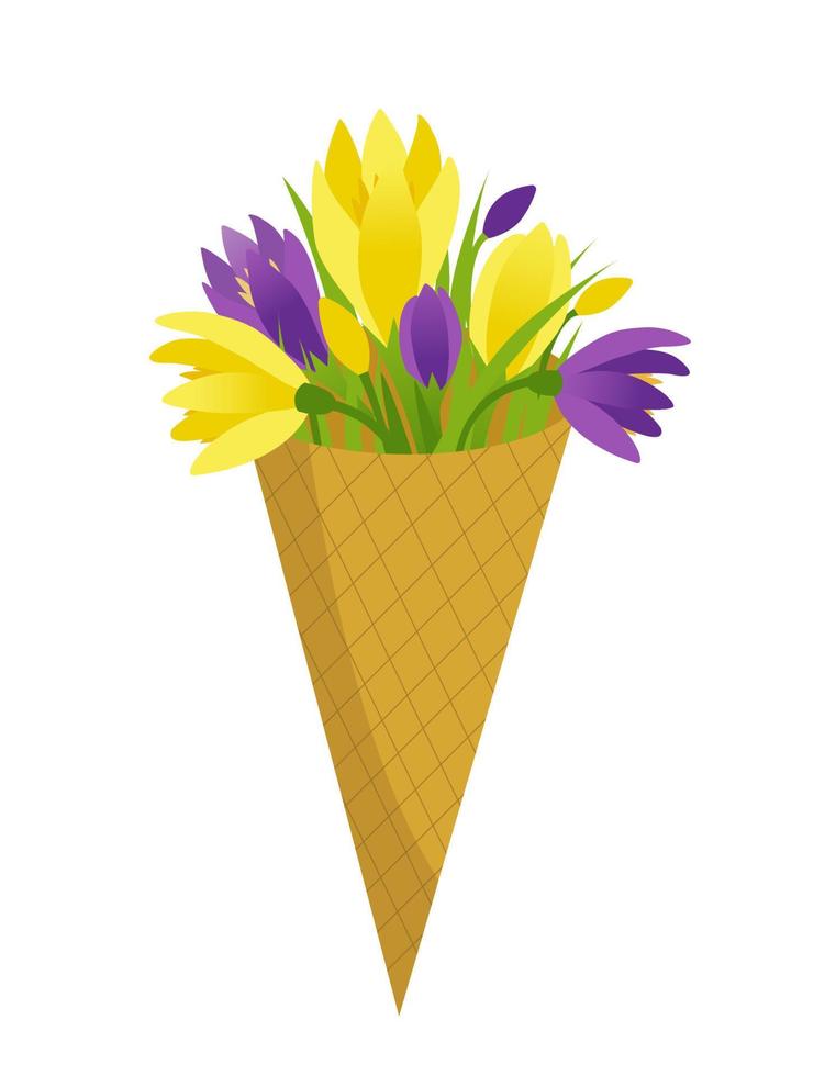 Bouquet of crocuses in a bethel horn vector