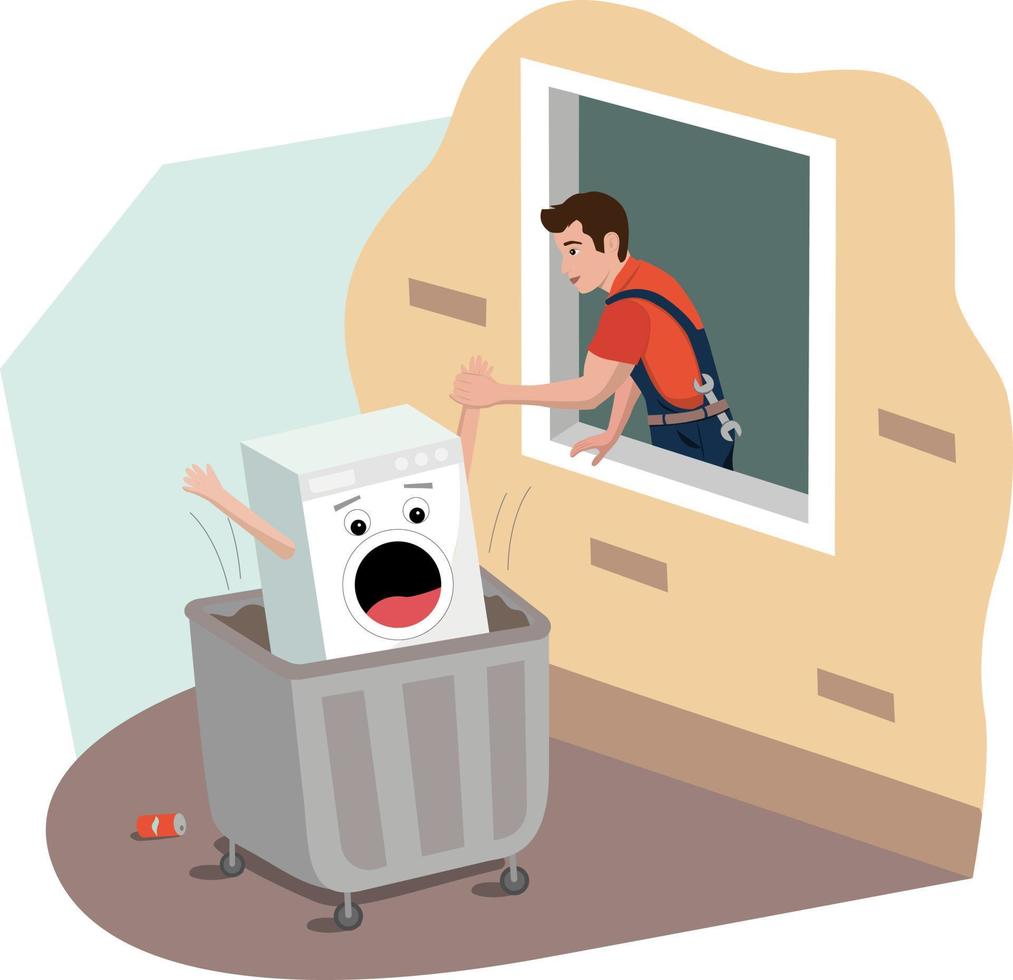 A repairman saves a washing machine that was thrown in the trash. vector