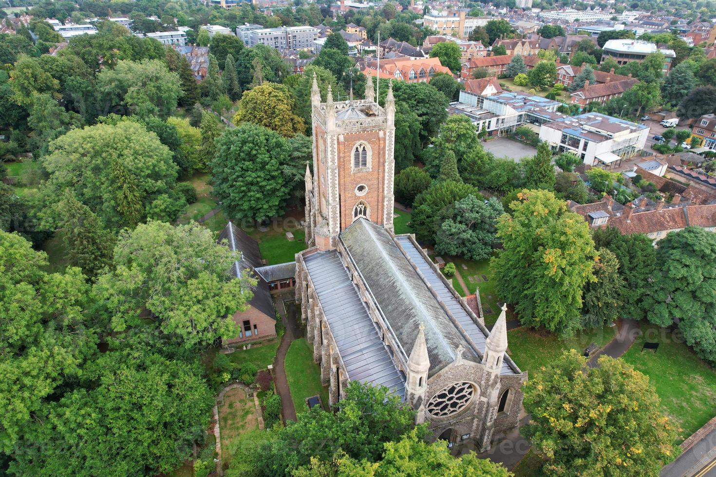 Beautiful High Angle View of St Albans Town Centre of England, Great Britain UK. Residential and downtown buildings image captured on 07th Sep 2022. Drone's point of view. photo