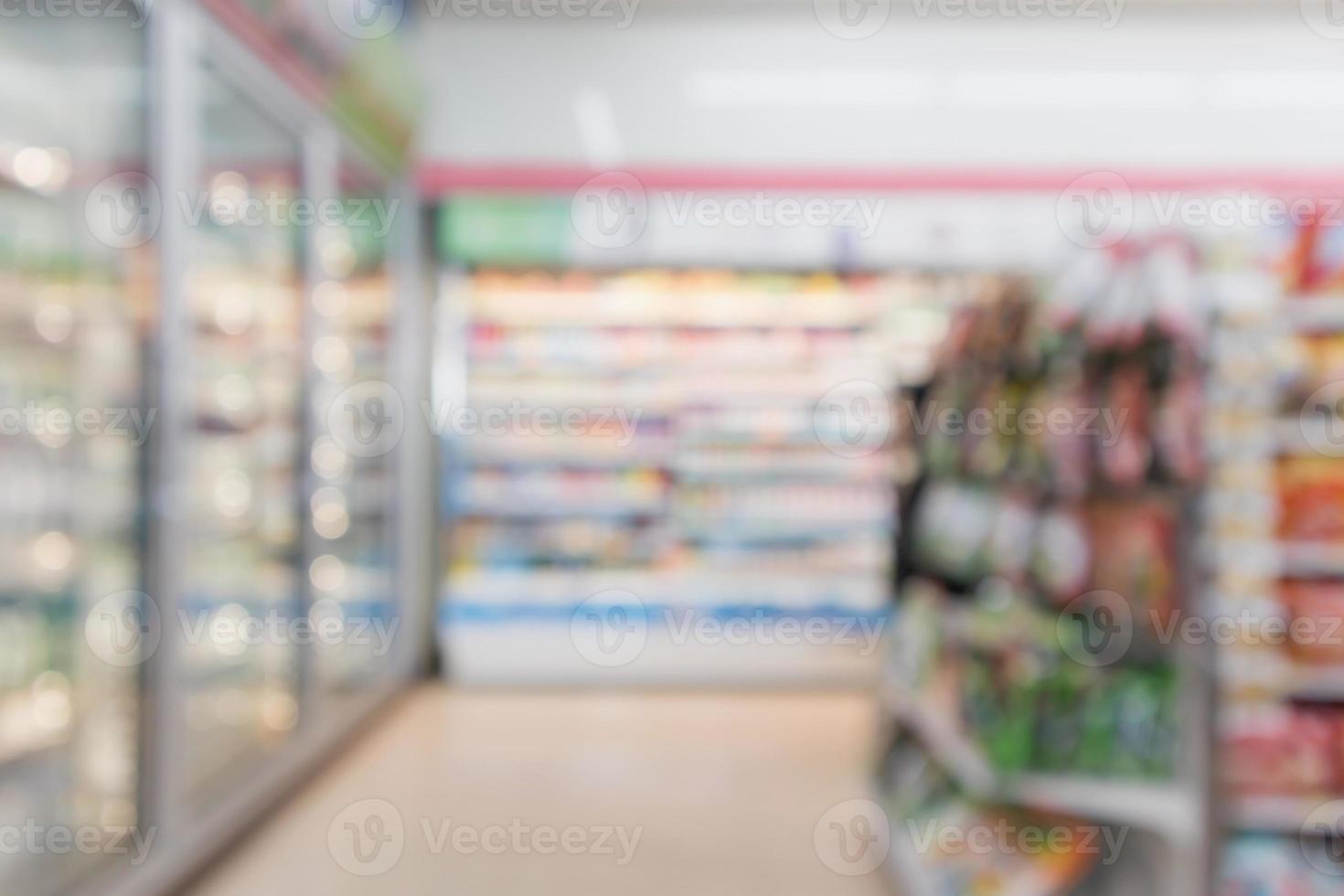 desenfoque abstracto supermercado tienda de conveniencia pasillo del refrigerador y estantes de productos interior fondo desenfocado foto