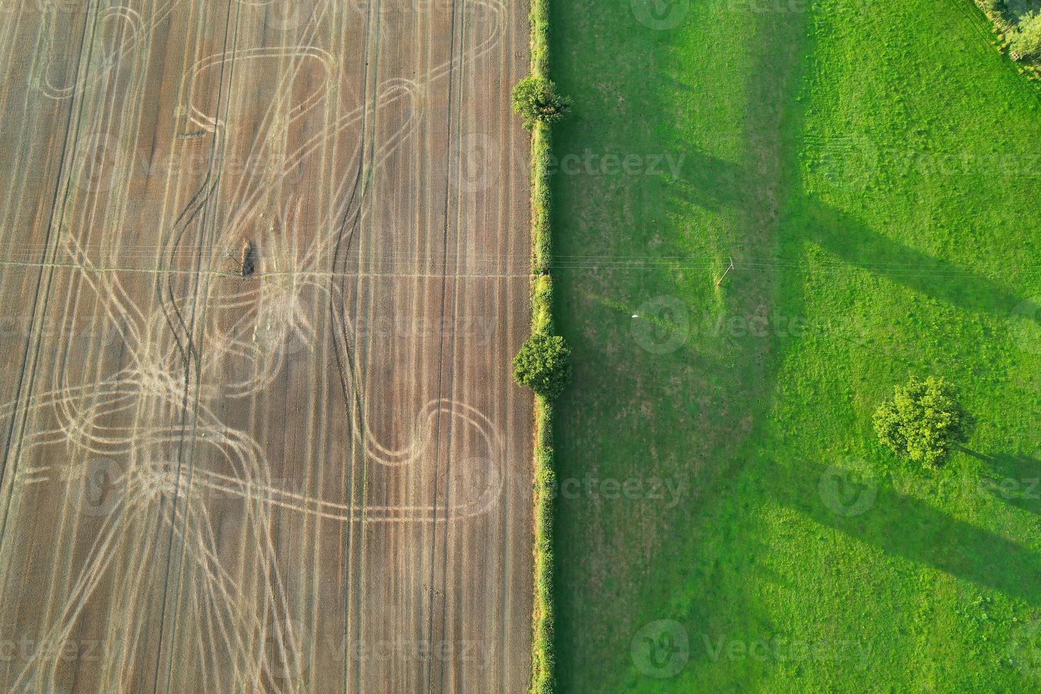 High angle view of cows grazing on field against sky. Gorgeous high angle aerial view of Animal Farm at British Agricultural Field Near London England Great Britain of UK photo