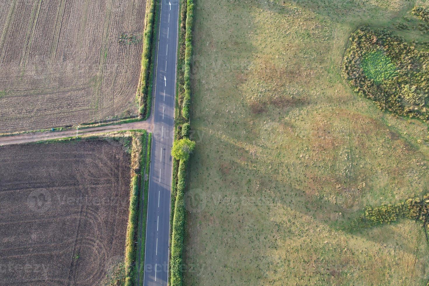 vista de ángulo alto de vacas pastando en el campo contra el cielo. Magnífica vista aérea de ángulo alto de la granja de animales en el campo agrícola británico cerca de Londres, Inglaterra, Gran Bretaña del Reino Unido foto