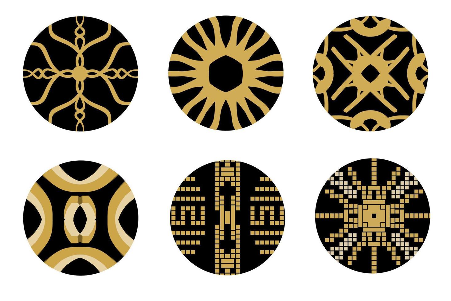 Set of Gold Geometric and Hand Drawing Ornaments with Tribal Shape in black circles. Designed in Ikat, Boho, Aztec, Folk, Motif, Gypsy, and Arabic Style. Elements for your design. Vector Illustration.