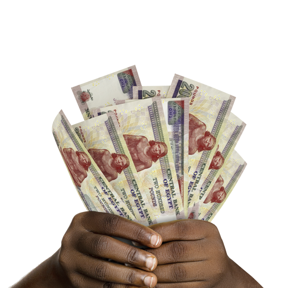 Black hands holding 3D rendered 200 Egyptian pound notes. closeup of Hands holding Egyptian currency notes png