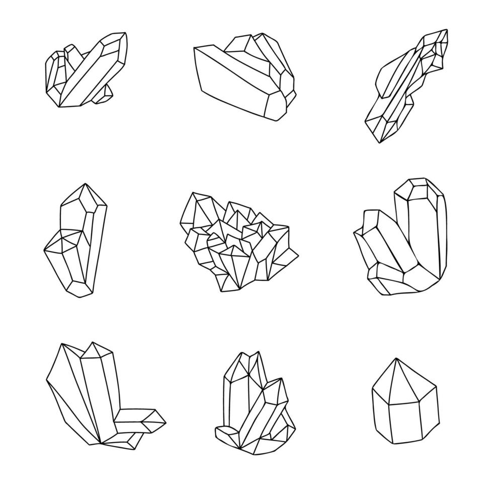 conjunto de contornos de cristales curativos, gemas dibujadas a mano y siluetas minerales aisladas en un fondo blanco. Caras de piedras mágicas de contorno ilustración vectorial vector