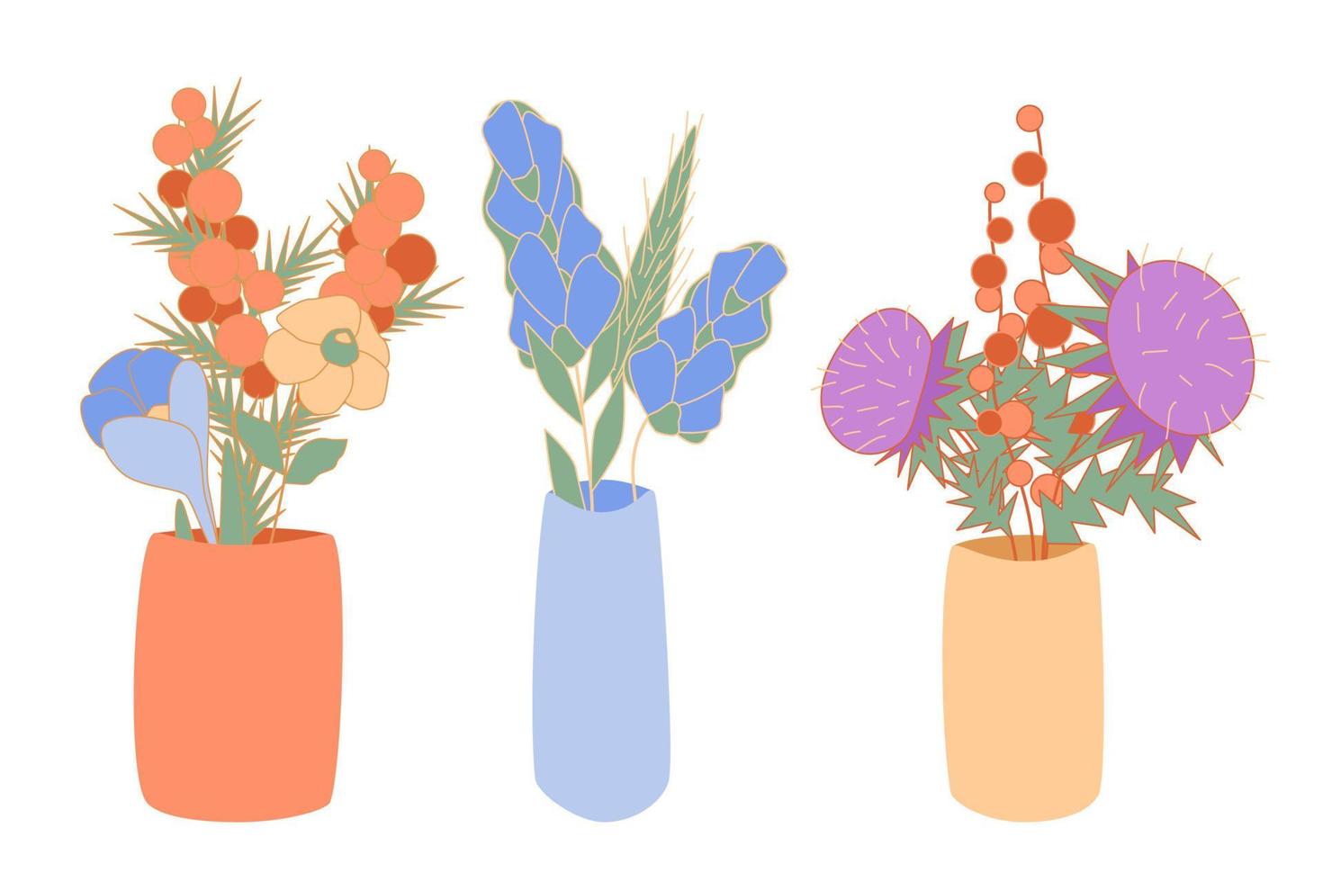 Bouquetes of blossom flowers in minimalistic ceramic vases Vector abstract mimosa, crocus, winterberry, bluebell, narcissus, thistle in flowerpot bowl, 8 March and mothers day vector illustration