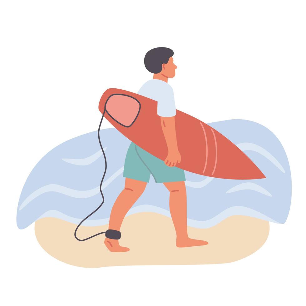 surfista masculino va con tabla de surf cerca de la ilustración plana del vector de agua de mar. chico en traje de baño camina sobre la arena. hombre surfista en la actividad de verano de agua de playa