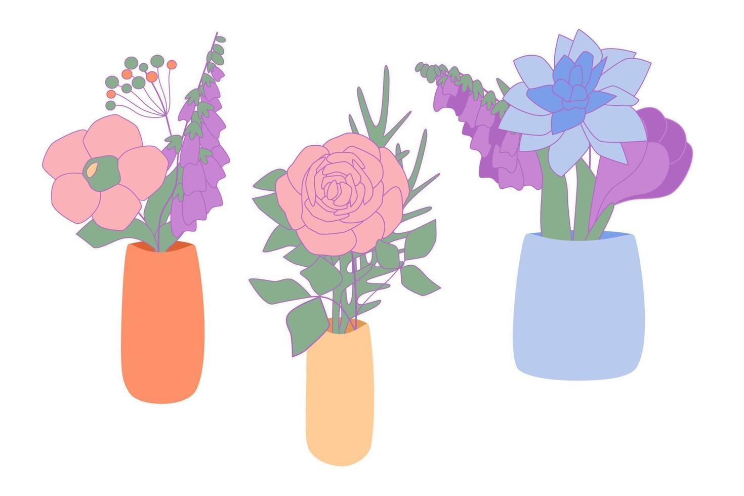 Bouquetes of blossom flowers in minimalistic ceramic vases Vector abstract rose, crocus, winterberry, bluebell, narcissus, umbelliferous flower in pot bowl, 8 March mothers day vector illustration