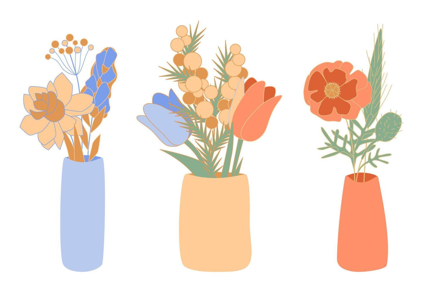 Bouquetes of blossom flowers in minimalistic ceramic vases Vector abstract mimosa, crocus, winterberry, tulip, narcissus, shirley in flowerpot bowl, 8 March and mothers day vector illustration