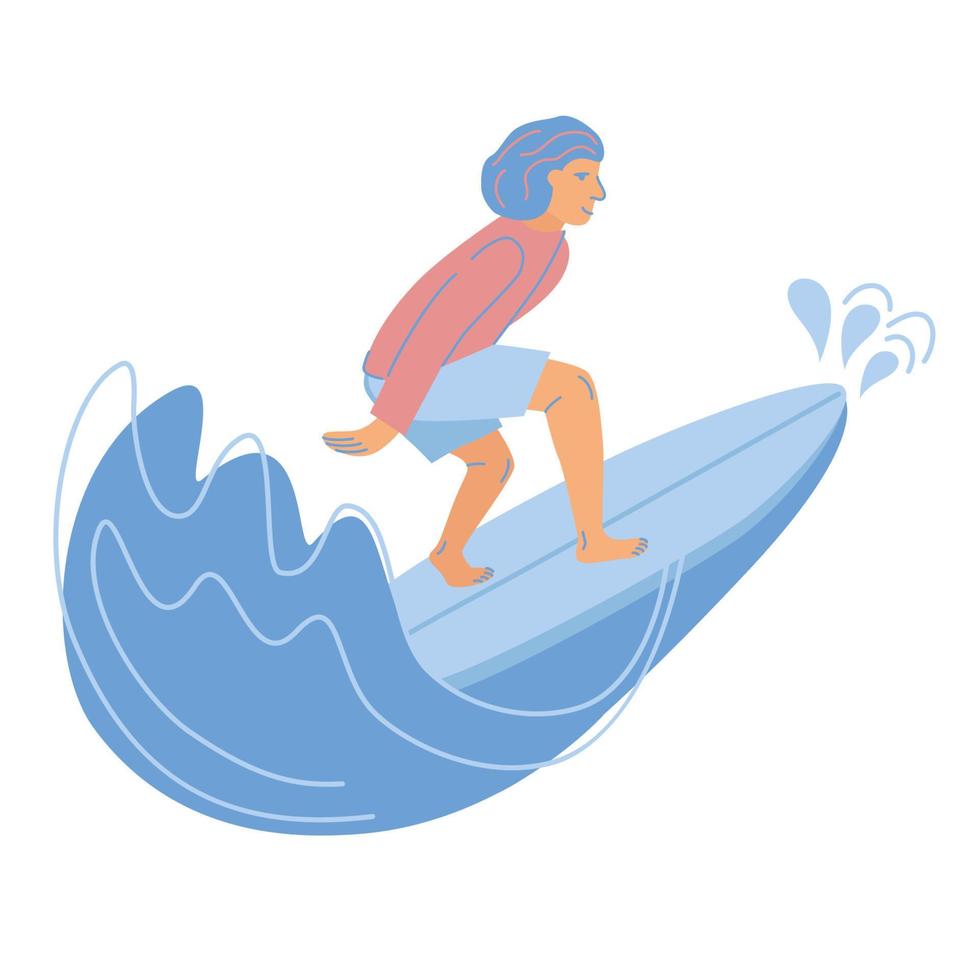 Man surfer rides on wave. Happy wave rider in swimwear on surfboard. Summer water activity flat vector illustration