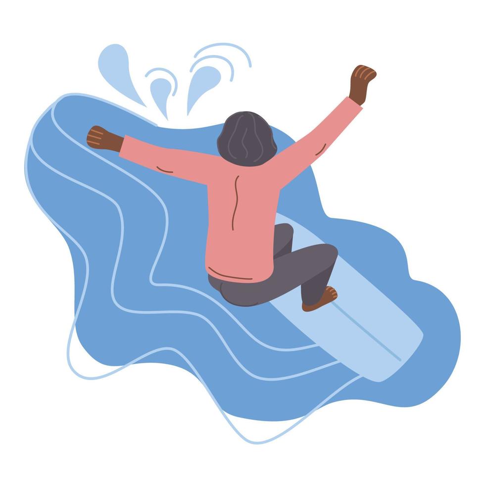 Dark skin male surfer in wetsuit riding on ocean wave. Summer water sport with surfboard, surfing club or school, active hobby vector illustration