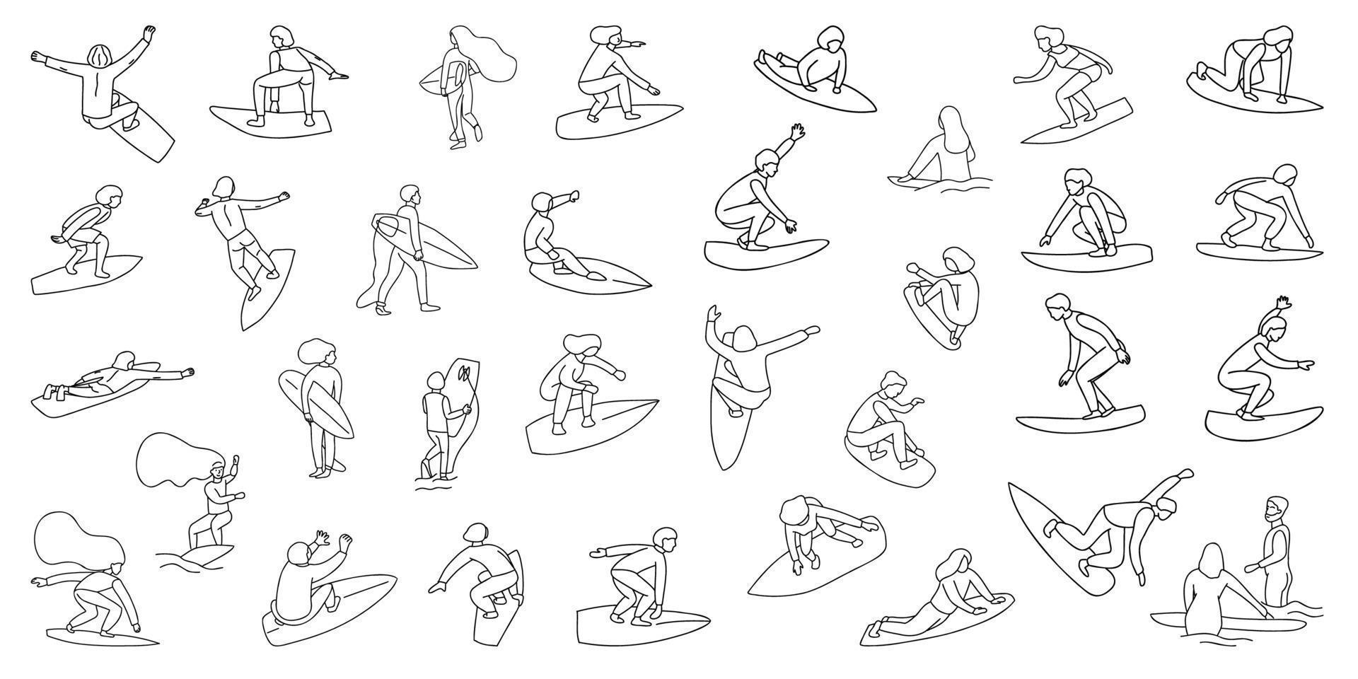 Set of hand drawn outline of man, woman, kids surfers. Girl and boys wave riders in different poses with surfboards. Surfing vector illustration.