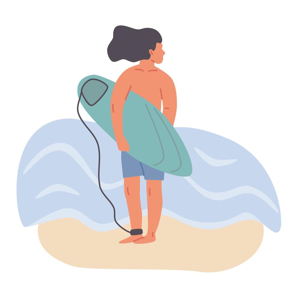 Male surfer with surfboard stand on sand near the sea water vector flat illustration. Sporting guy in swim shorts looks away. Surfer man on beach enjoying water summer activity