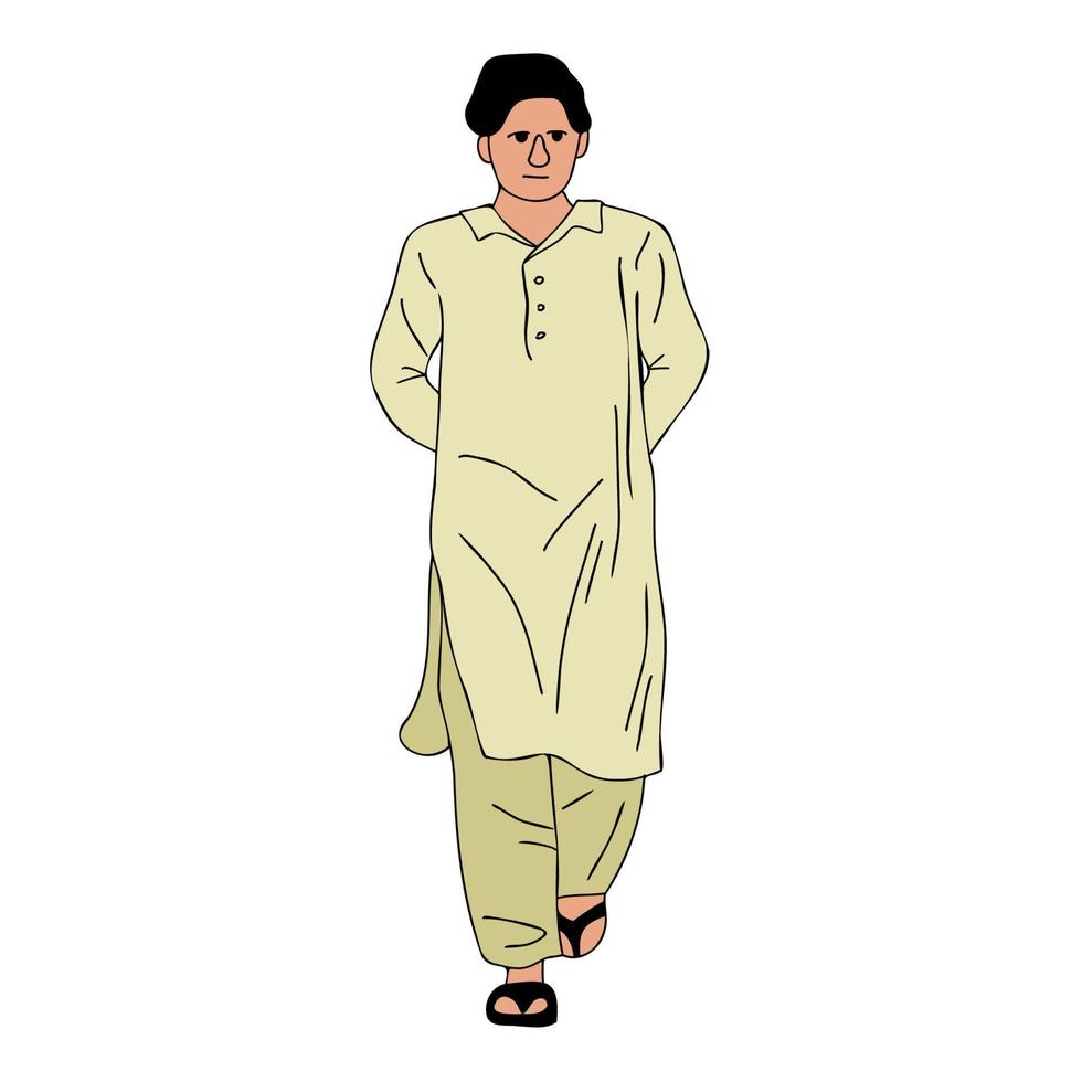 Young Pakistani Man wearing shalwar Kameez, kurta. South Asia traditional dress, muslime male walking cloth vector illustration