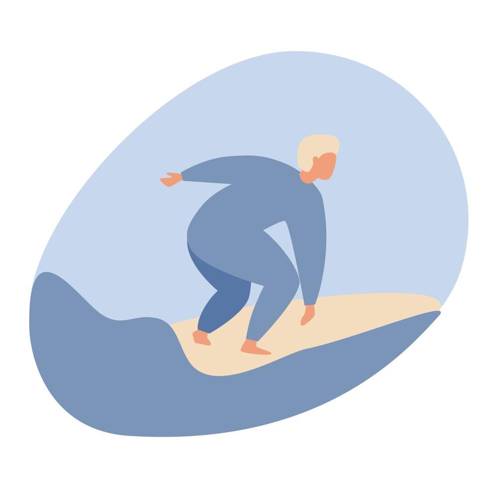 Male surfer abstract character in swimsuit riding on ocean wave. Summer water sport with surfboard, surfing club or school, active hobby vector illustration