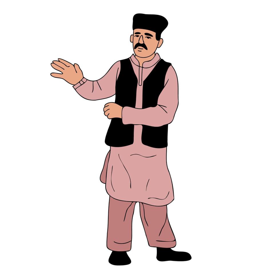 Man wearing the national dress of Pakistan. Shalwar kameez and Sherwani, muslim male front view portrait vector illustration