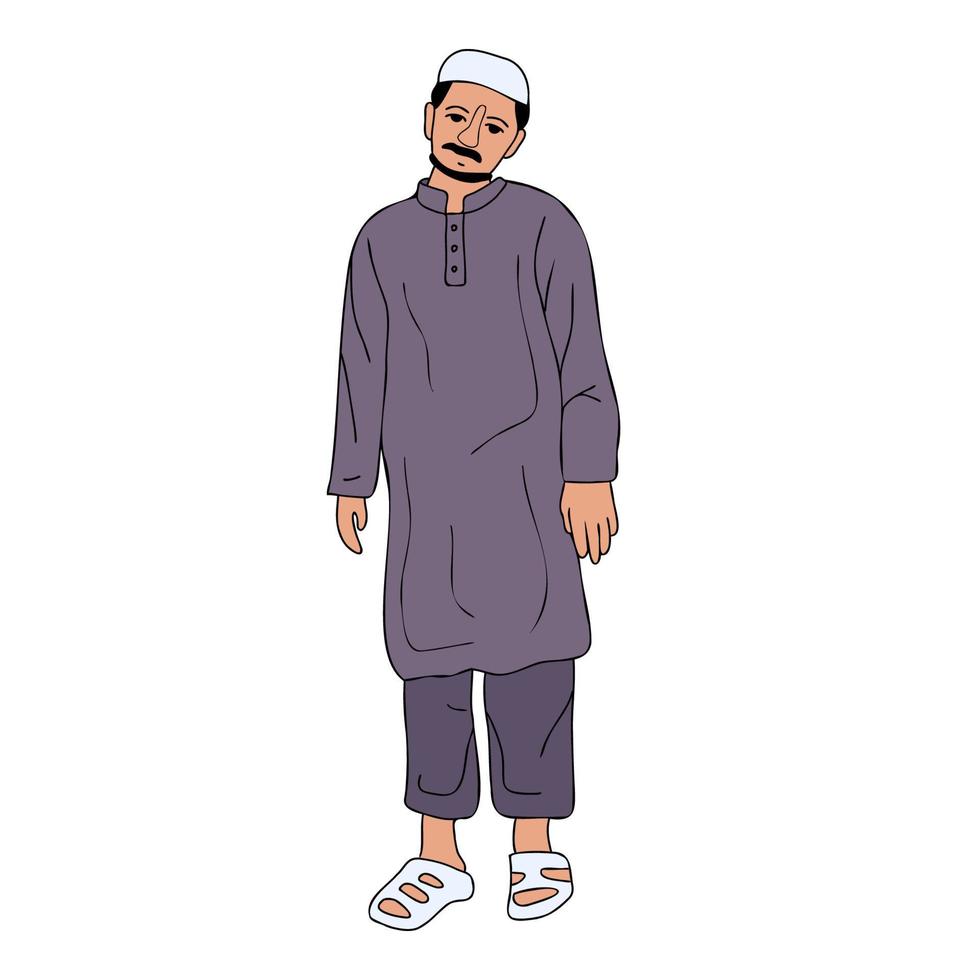 Young Pakistani Man wearing shalwar Kameez, kurta standing. South Asia traditional dress, muslime male cloth vector illustration