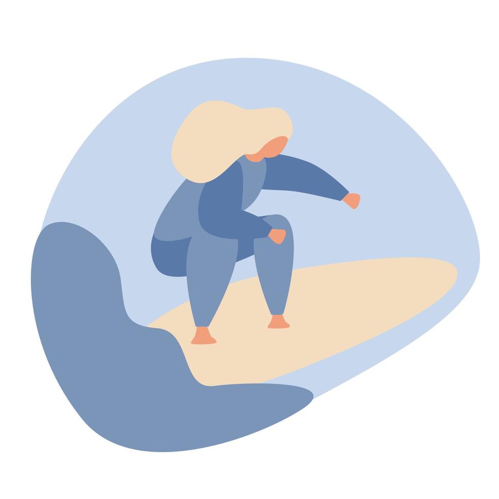 chica surfista personaje abstracto en traje de baño cabalgando sobre una ola oceánica. deporte acuático de verano con tabla de surf, club de surf o escuela, ilustración de vector de pasatiempo activo
